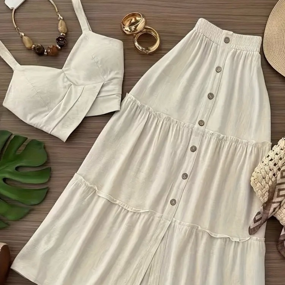 Elegant Cream Button-Down Skirt and crop top